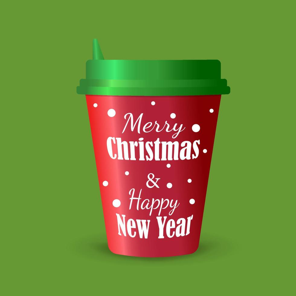 tasse à café de noël souhaitant joyeux noël et bonne année. vert, rouge et blanc. conception de vecteur. vecteur