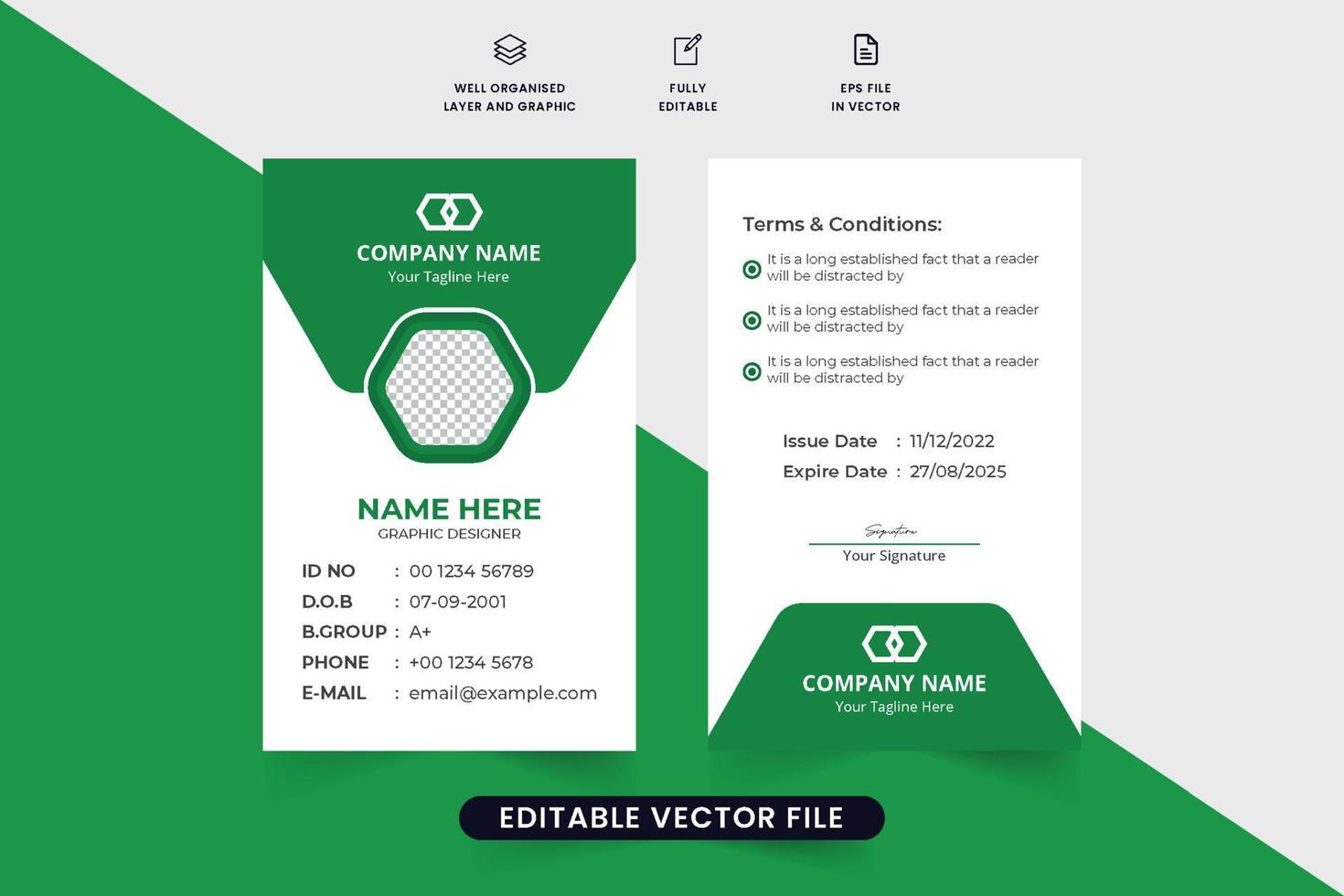 conception de carte d'identité d'entreprise créative pour les employés. vecteur de modèle de carte d'identité avec des formes de couleur verte. conception de carte d'identité prête à imprimer pour les étudiants ou les employés d'entreprise.