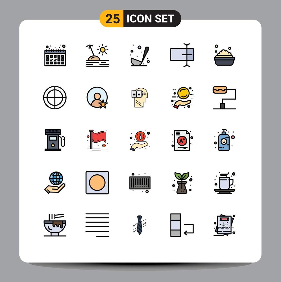 interface mobile ligne remplie couleur plate ensemble de 25 pictogrammes d'éléments de conception vectoriels modifiables de champ de bol de nourriture de nettoyage des yeux de taureaux vecteur