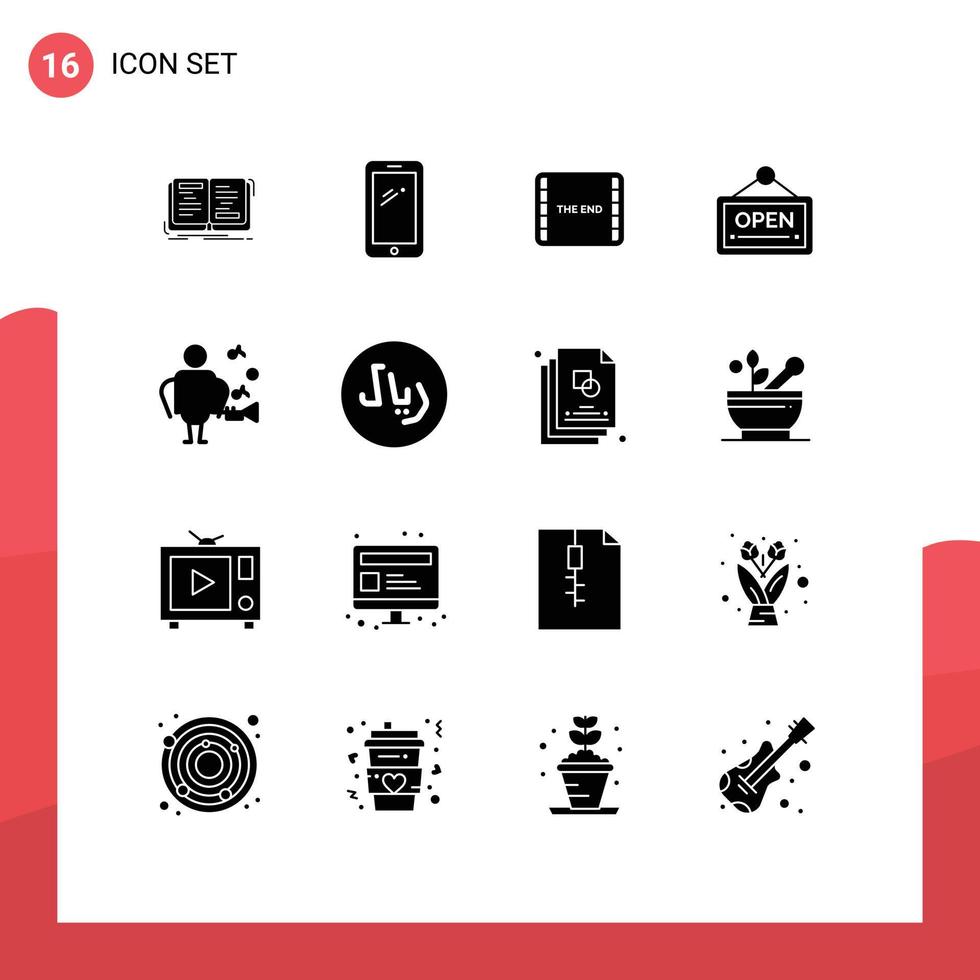 16 glyphes solides universels définis pour les applications web et mobiles panneau d'hôtel huawei film ouvert éléments de conception vectoriels modifiables vecteur