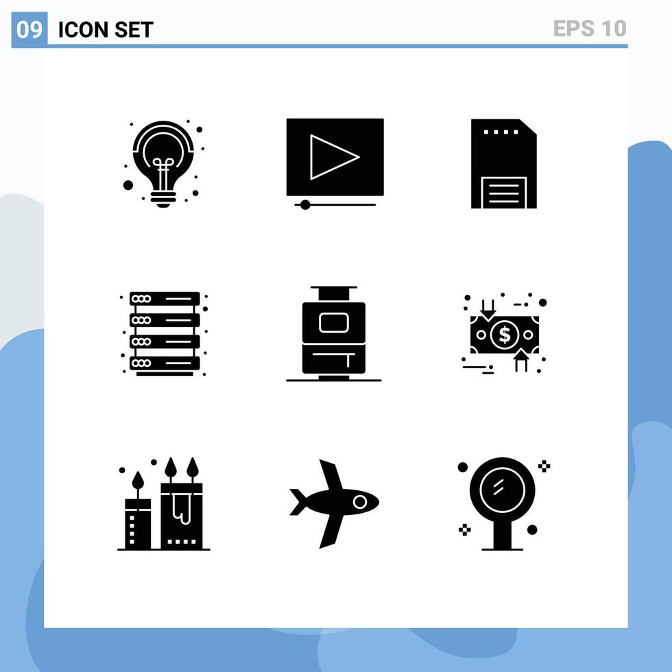 ensemble moderne de 9 glyphes et symboles solides tels que le serveur de contact de sac de vacances hébergeant des éléments de conception vectoriels modifiables vecteur