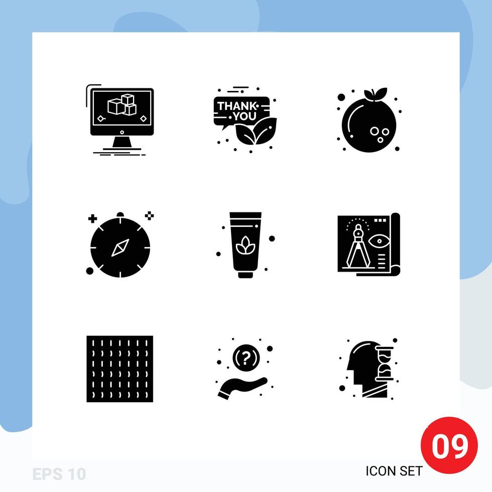 groupe de 9 signes et symboles de glyphes solides pour la promotion de la direction de la navigation boussole éléments de conception vectoriels modifiables orange vecteur