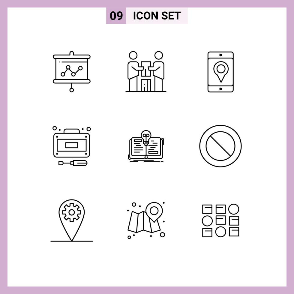 ensemble moderne de 9 contours pictogramme de l'emplacement de récupération de l'équipe de réparation de livres éléments de conception vectoriels modifiables vecteur