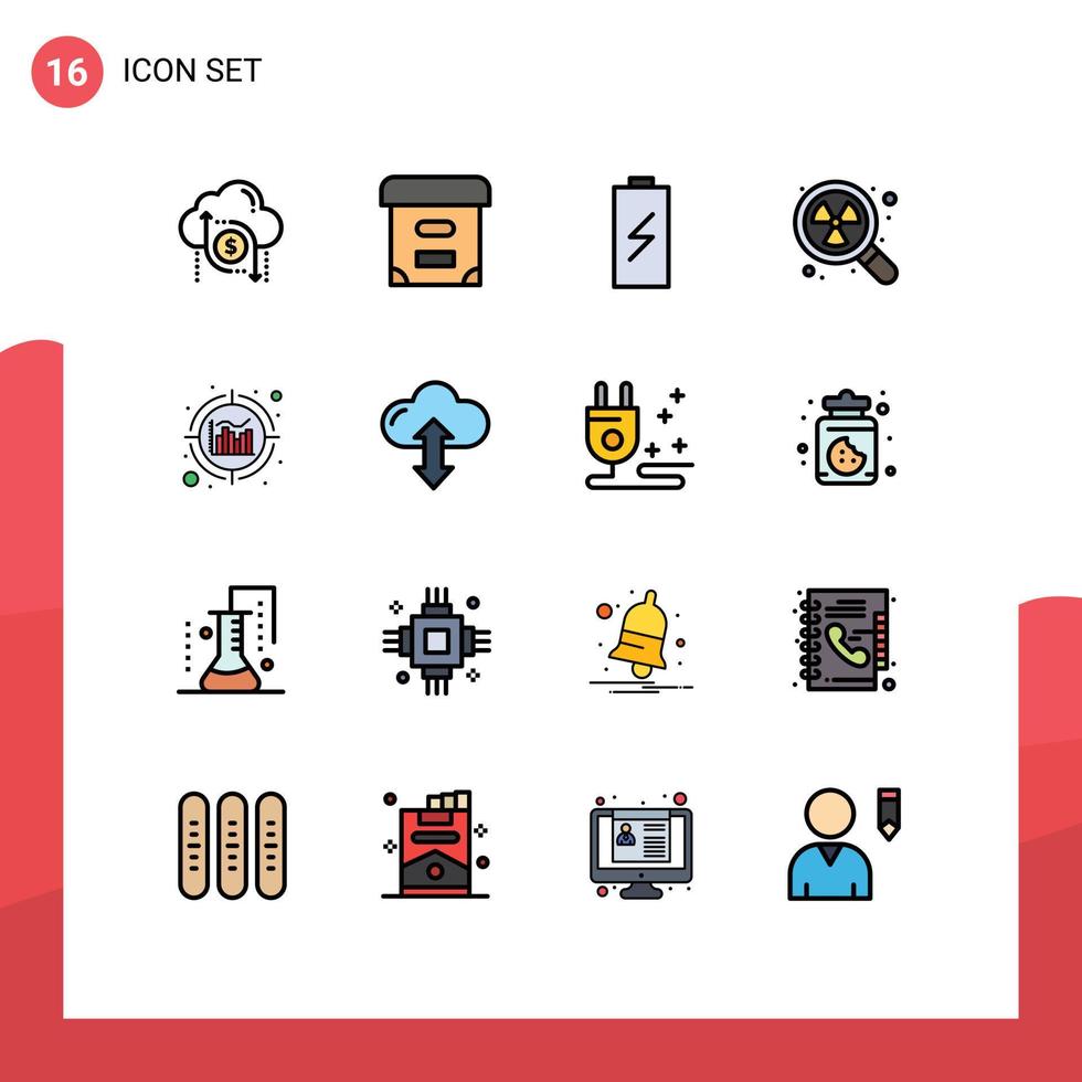 ensemble moderne de 16 lignes remplies de couleurs plates pictogramme d'éléments de conception vectoriels créatifs modifiables d'électricité radioactive de batterie de déchets d'analyse vecteur