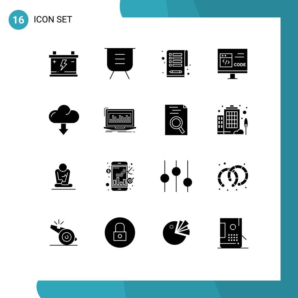 16 glyphes solides vectoriels thématiques et symboles modifiables du nuage développent supprimer les éléments de conception vectoriels modifiables de l'application de codage vecteur
