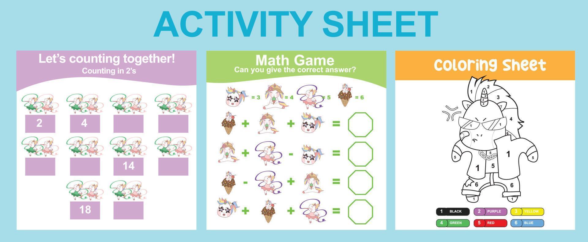 Feuille d'activités 3 en 1 pour les enfants. feuille de travail imprimable éducative pour le préscolaire. activité de coloriage et de comptage. illustrations vectorielles. vecteur