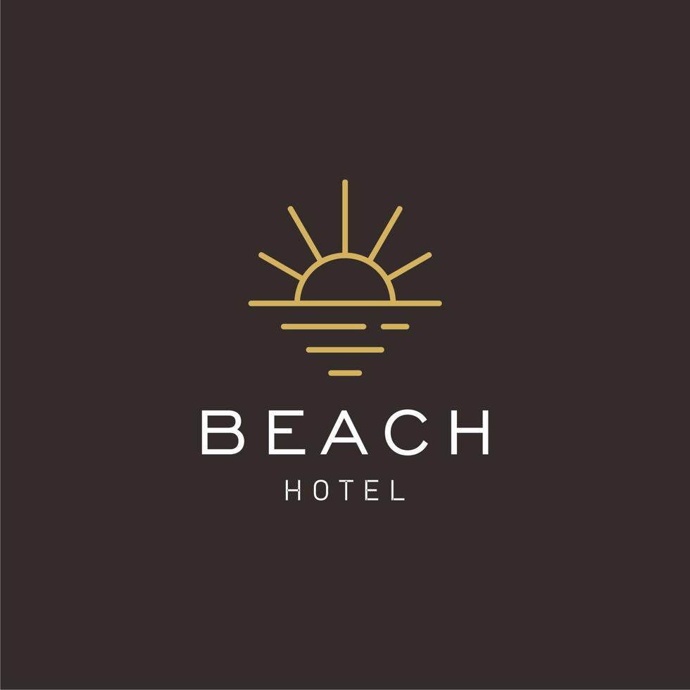 élégant hipster or soleil coucher de soleil lever du soleil avec plage océan mer eau logo icône vecteur dans la ligne à la mode linéaire, contour logo vecteur pour hôtel