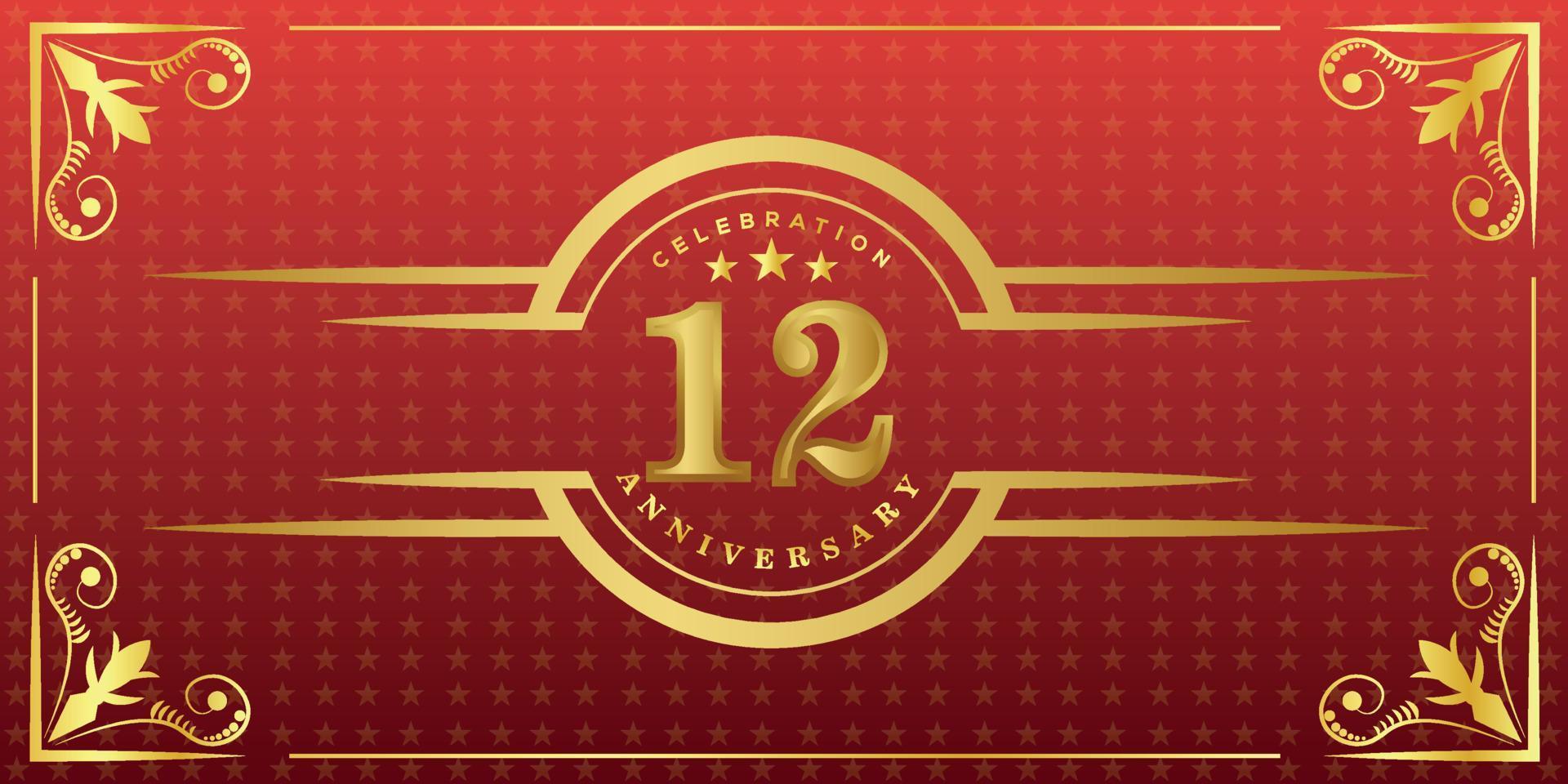 Logo du 12e anniversaire avec anneau doré, confettis et bordure dorée isolés sur fond rouge élégant, éclat, création vectorielle pour carte de voeux et carte d'invitation vecteur