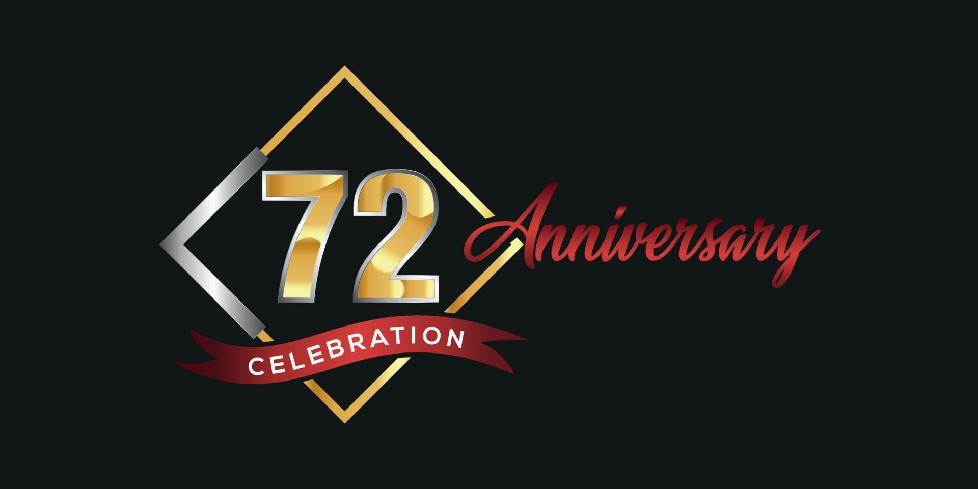 Logo du 72e anniversaire avec boîte dorée et argentée, confettis et ruban rouge isolé sur fond noir élégant, création vectorielle pour carte de voeux et carte d'invitation vecteur