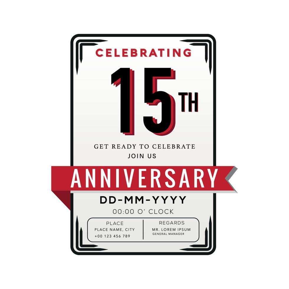 Célébration du logo anniversaire 15 ans et carte d'invitation avec ruban rouge isolé sur fond blanc vecteur