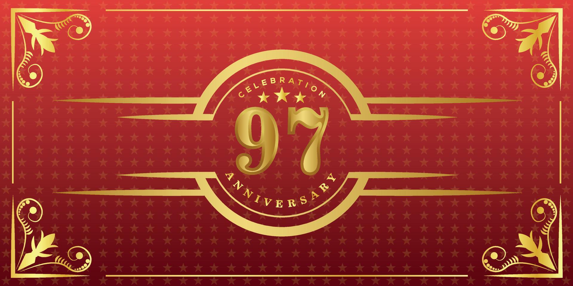 Logo du 97e anniversaire avec anneau doré, confettis et bordure dorée isolés sur fond rouge élégant, éclat, création vectorielle pour carte de voeux et carte d'invitation vecteur