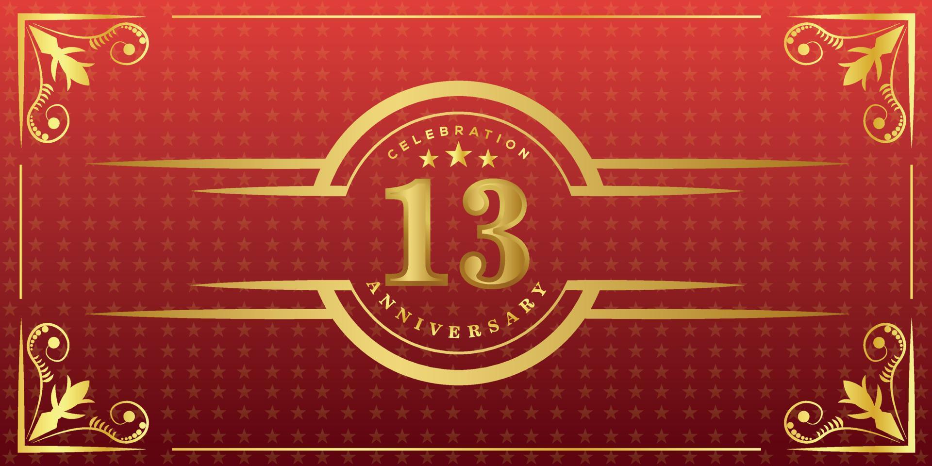 Logo du 13e anniversaire avec anneau doré, confettis et bordure dorée isolés sur fond rouge élégant, éclat, création vectorielle pour carte de voeux et carte d'invitation vecteur