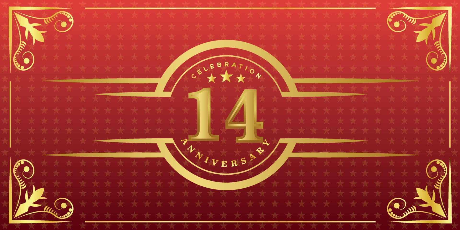Logo du 14e anniversaire avec anneau doré, confettis et bordure dorée isolés sur fond rouge élégant, éclat, création vectorielle pour carte de voeux et carte d'invitation vecteur