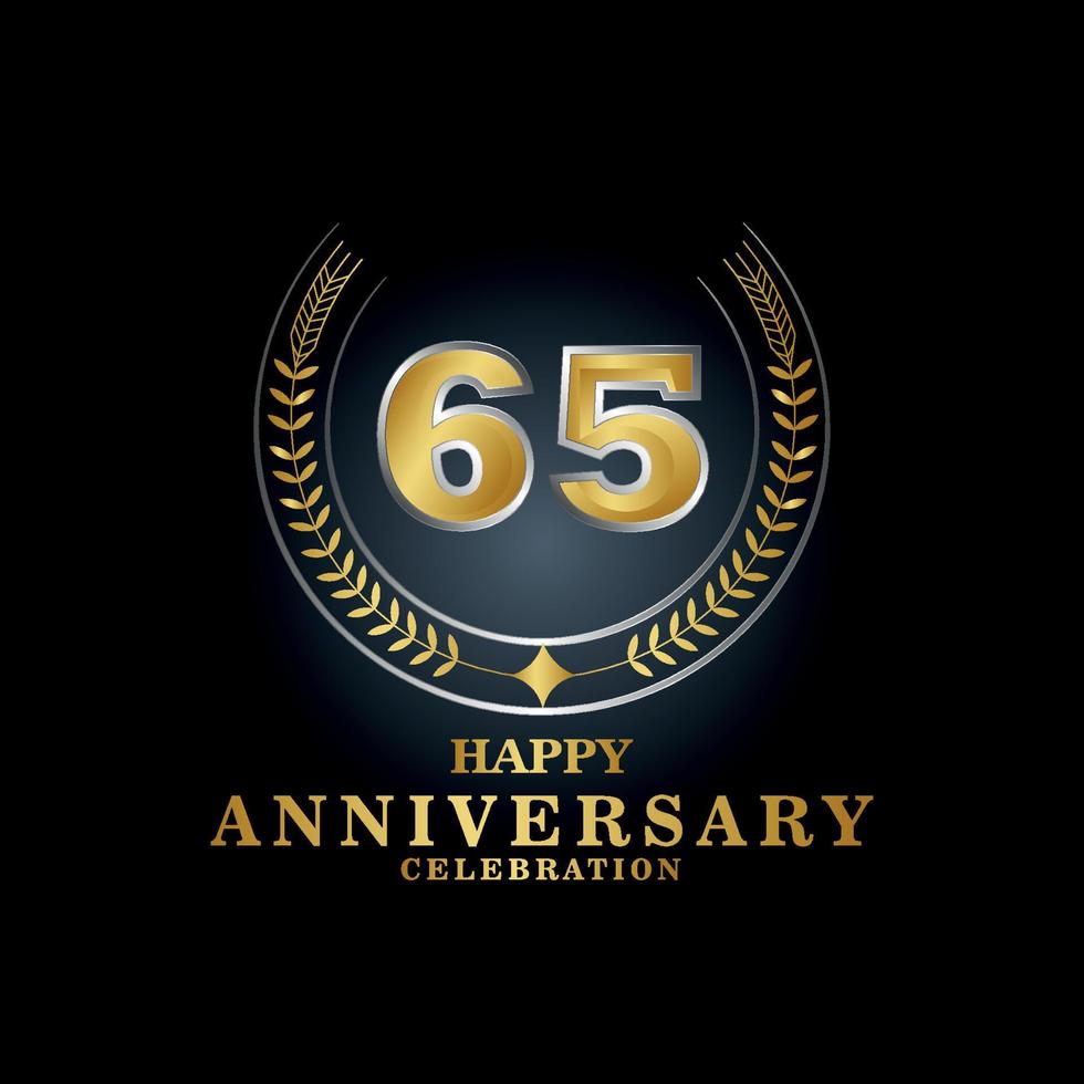 emblème de modèle 65e anniversaire de luxe avec un cadre en forme de branches de laurier et le numéro. logo royal anniversaire. conception d'illustration vectorielle vecteur