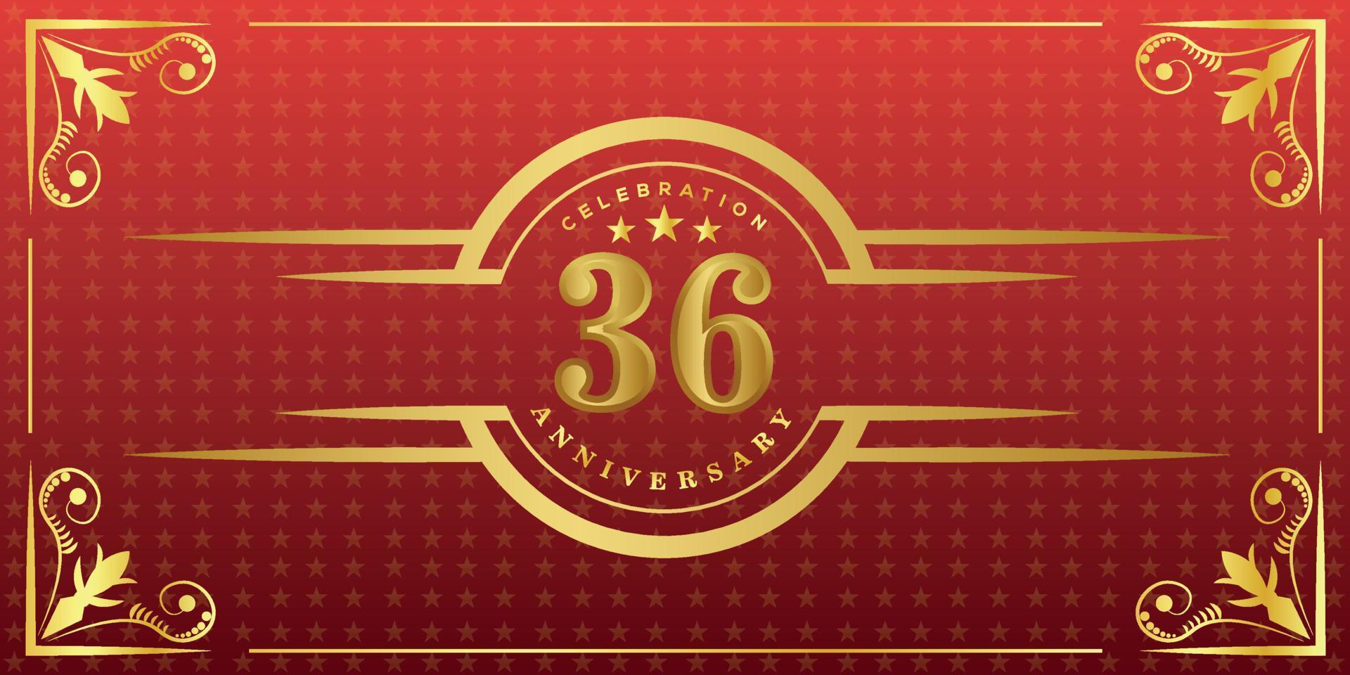 Logo du 36e anniversaire avec anneau doré, confettis et bordure dorée isolés sur fond rouge élégant, éclat, création vectorielle pour carte de voeux et carte d'invitation vecteur