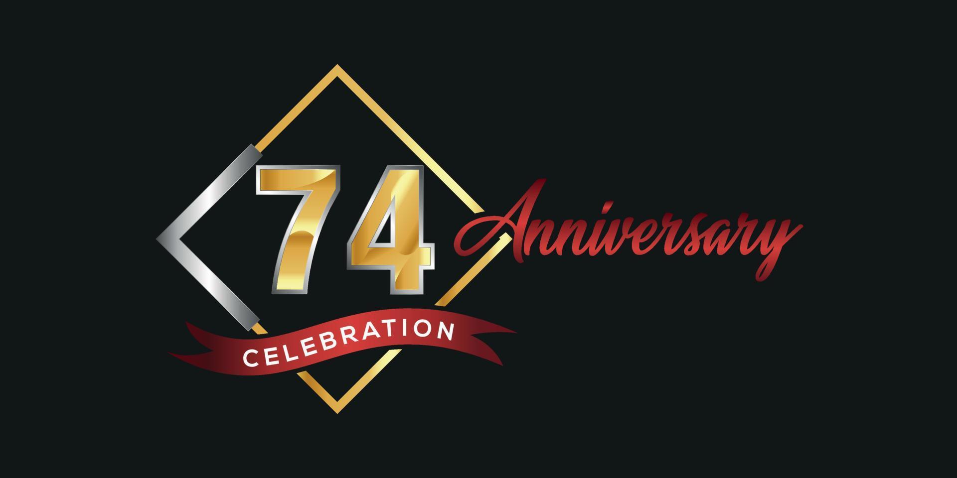 Logo du 74e anniversaire avec boîte dorée et argentée, confettis et ruban rouge isolé sur fond noir élégant, création vectorielle pour carte de voeux et carte d'invitation vecteur