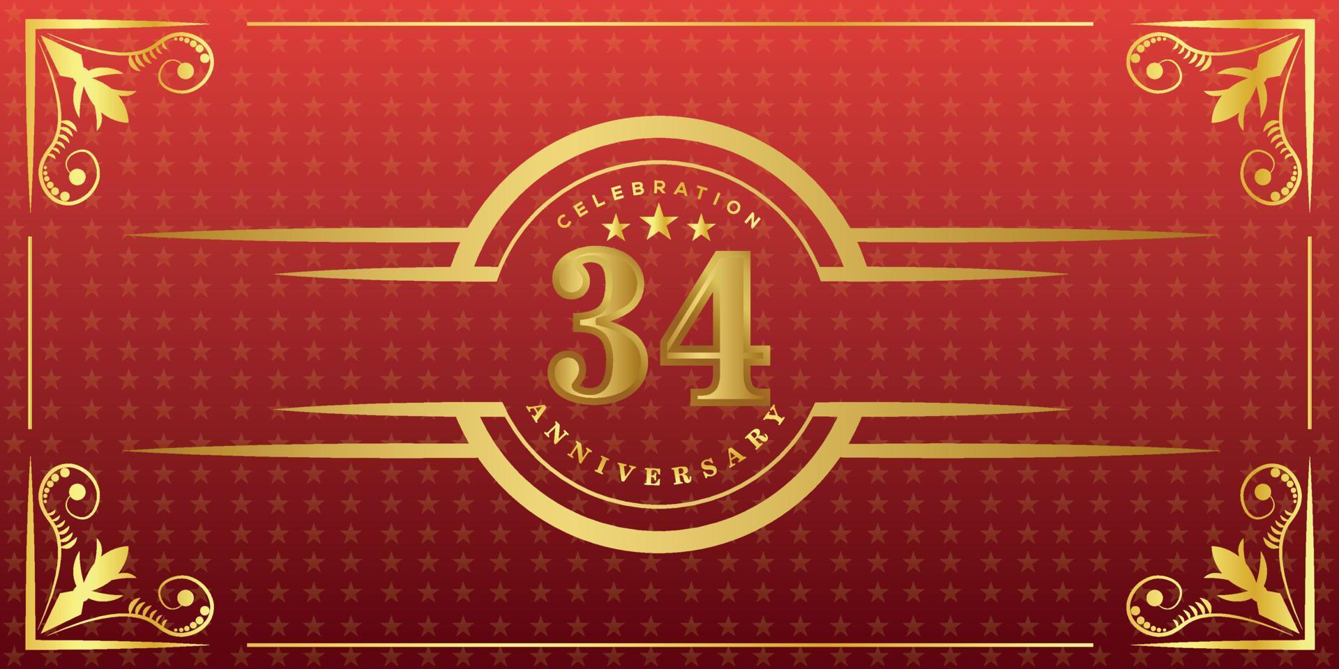 Logo du 34e anniversaire avec anneau doré, confettis et bordure dorée isolés sur fond rouge élégant, éclat, création vectorielle pour carte de voeux et carte d'invitation vecteur