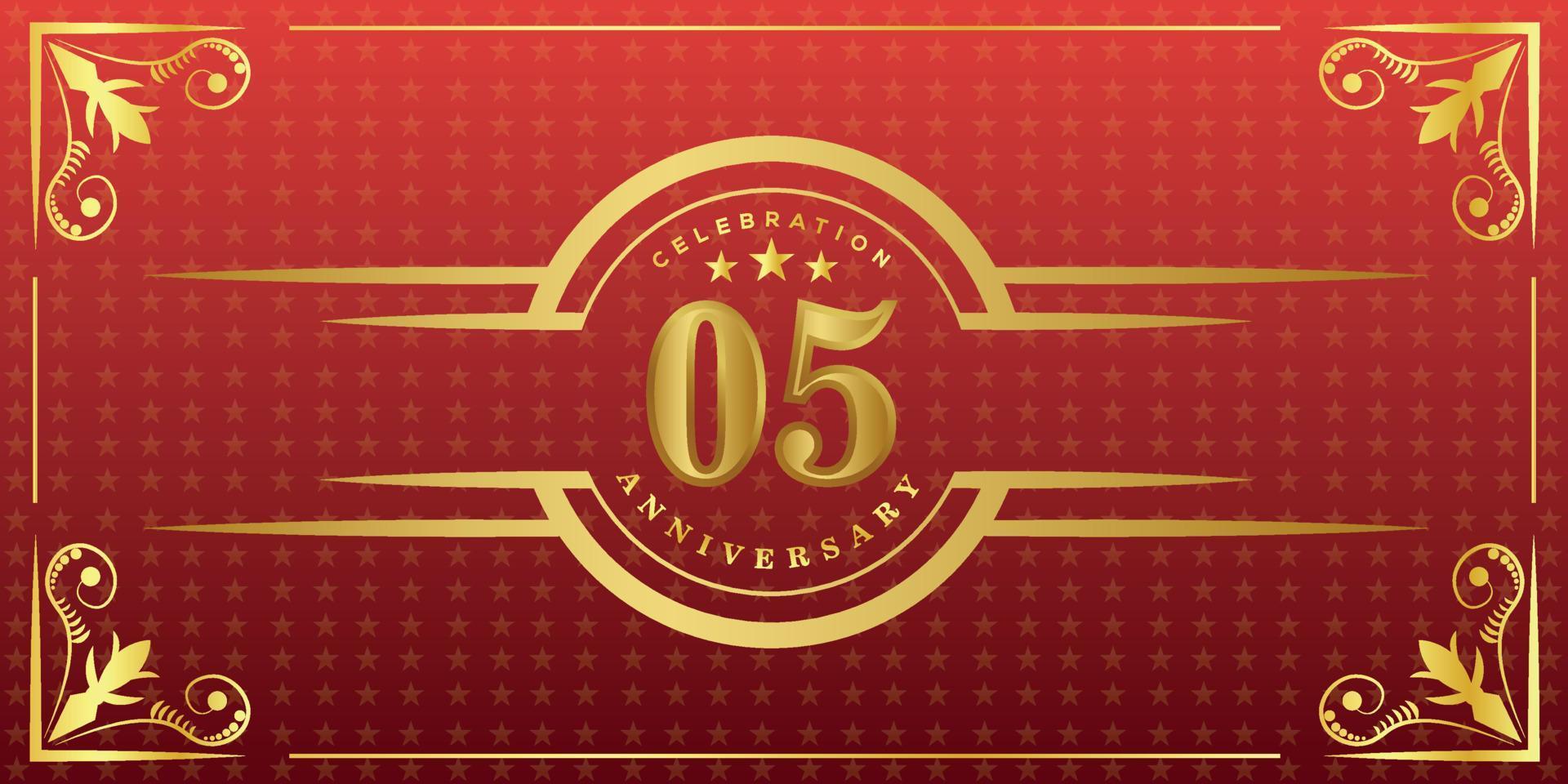 Logo du 05e anniversaire avec anneau doré, confettis et bordure dorée isolés sur fond rouge élégant, éclat, création vectorielle pour carte de voeux et carte d'invitation vecteur