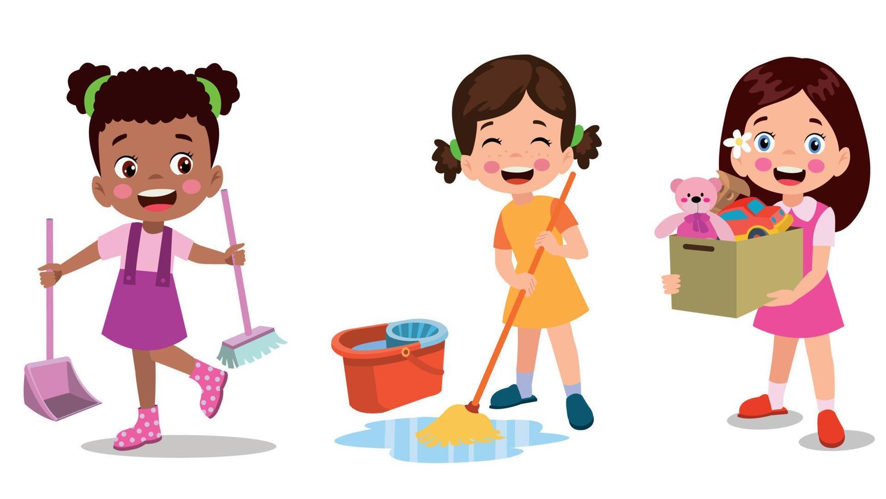 enfants de dessin animé de vecteur nettoyant à la maison mis les enfants dans diverses positions de nettoyage
