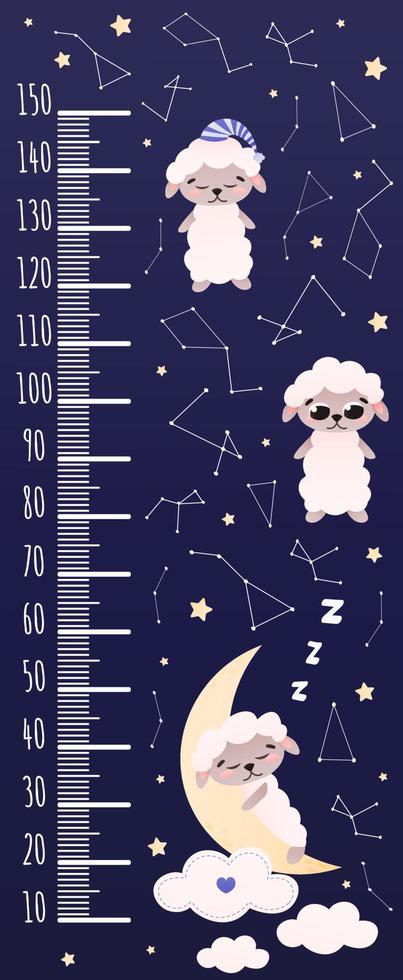 joli tableau de croissance avec des personnages animaux - moutons dormant sur la lune, ciel nocturne avec étoiles et constellation, thème de beaux rêves, mètre de taille pour les enfants, style enfantin vecteur