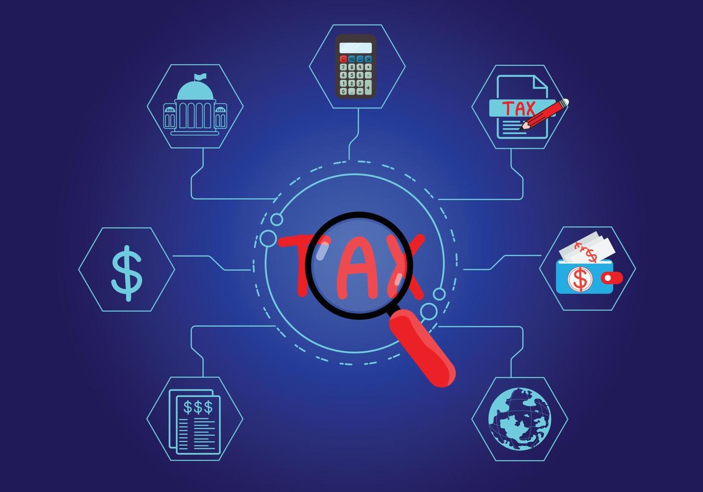 concept d'impôts payés par les particuliers et les sociétés tels que l'analyse des données de la TVA, de l'impôt sur le revenu et de l'impôt foncier, la paperasserie, la recherche financière. arrière-plan pour votre entreprise. vecteur