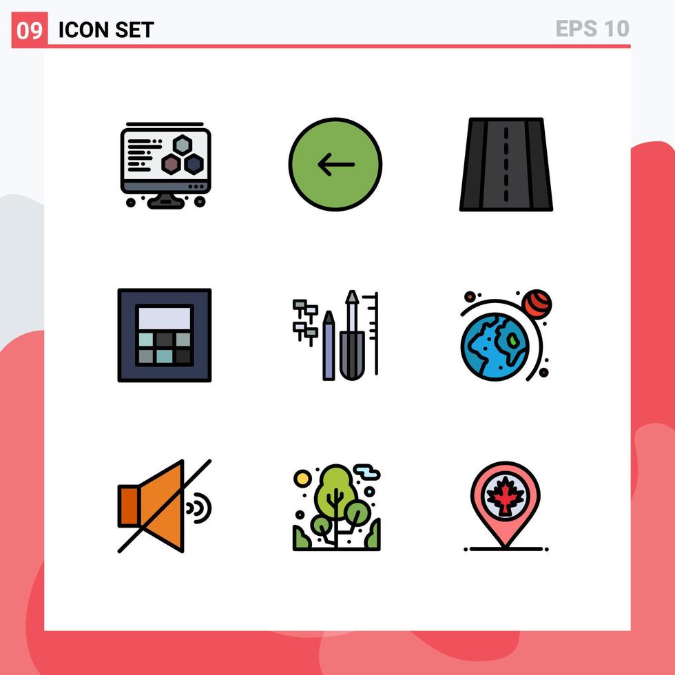 interface mobile filledline couleur plate ensemble de 9 pictogrammes d'équipements spatiaux ingénierie routière reapair éléments de conception vectoriels modifiables vecteur