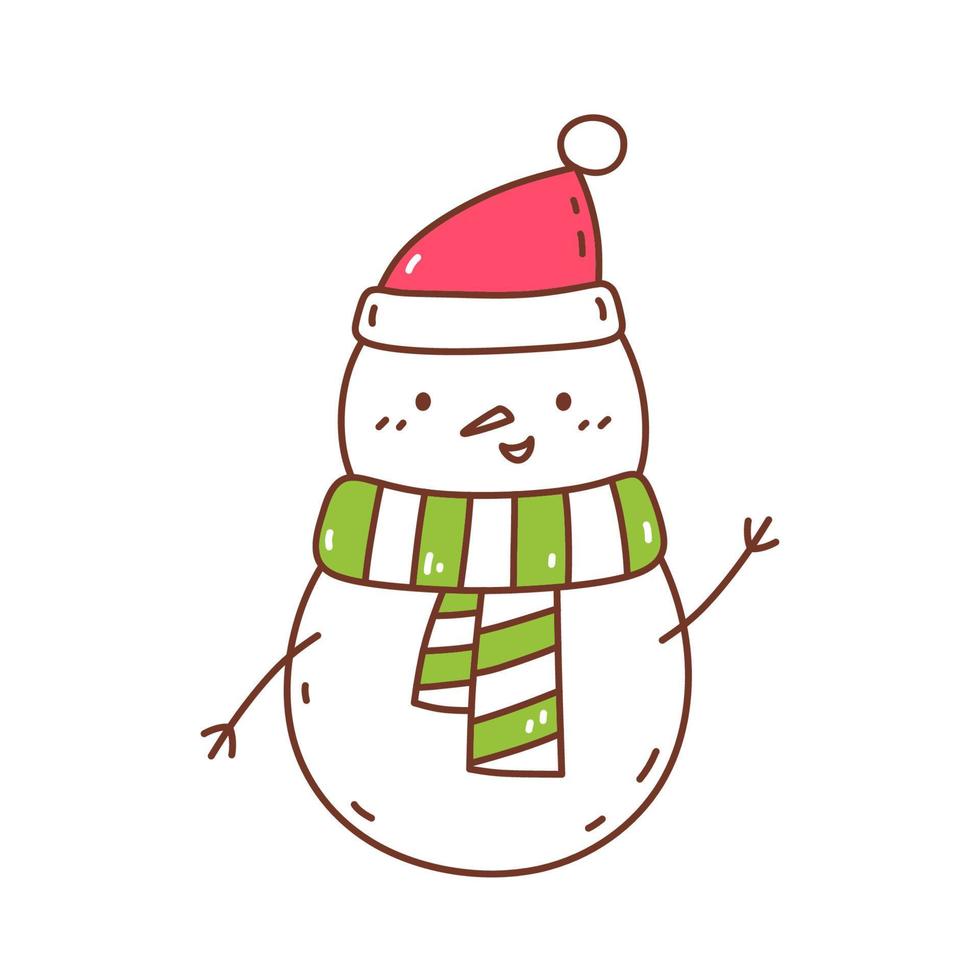 mignon bonhomme de neige en aa santa bonnet et écharpe isolé sur fond blanc. illustration vectorielle dessinée à la main dans un style doodle. personnage kawaï. parfait pour les cartes, les décorations, les logos et les dessins de Noël. vecteur