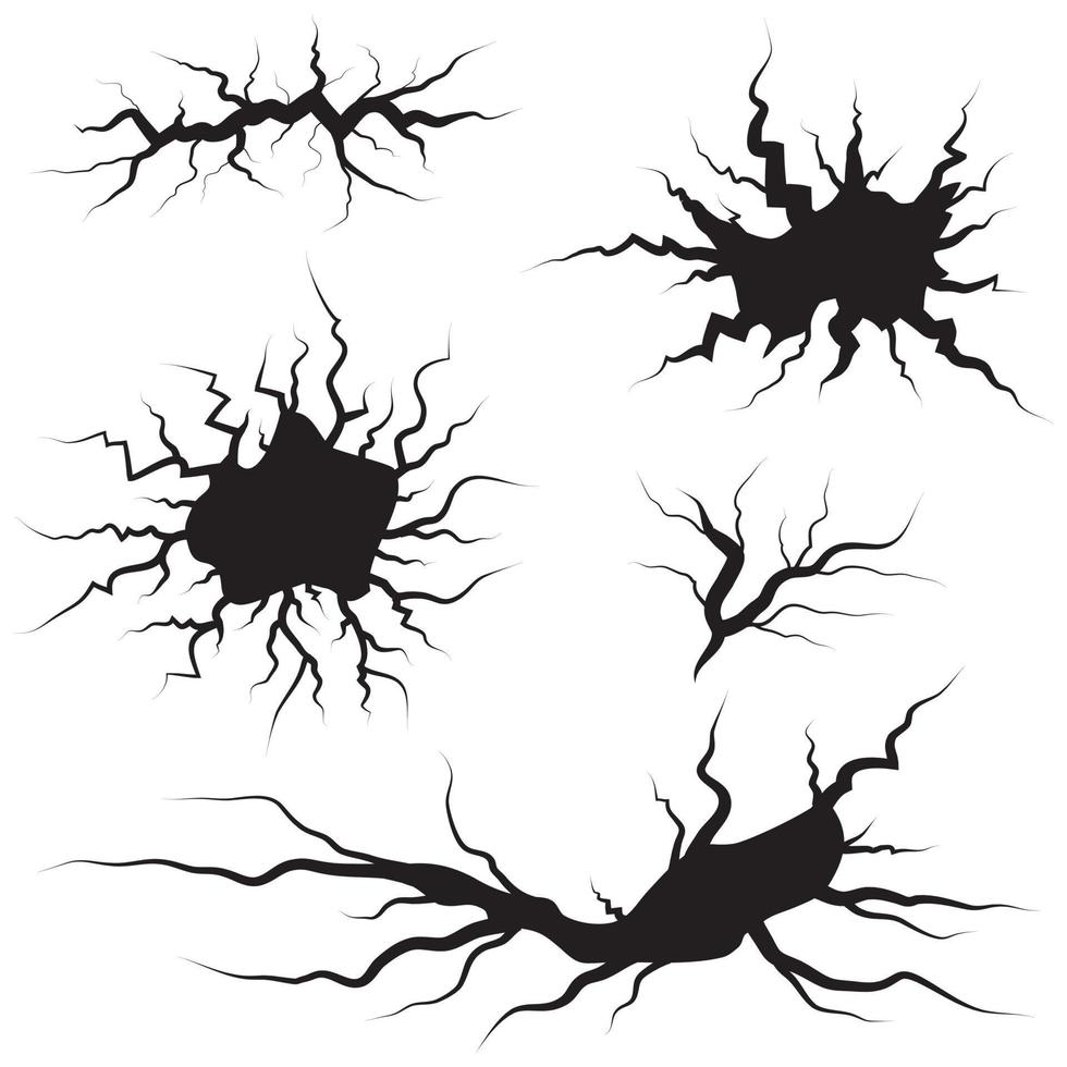 jeu de fissures au sol. tremblement de terre et fissures au sol, effet de trou, craquelure et texture de mur endommagée. des illustrations vectorielles peuvent être utilisées pour les sujets tremblement de terre, crash, destruction vecteur