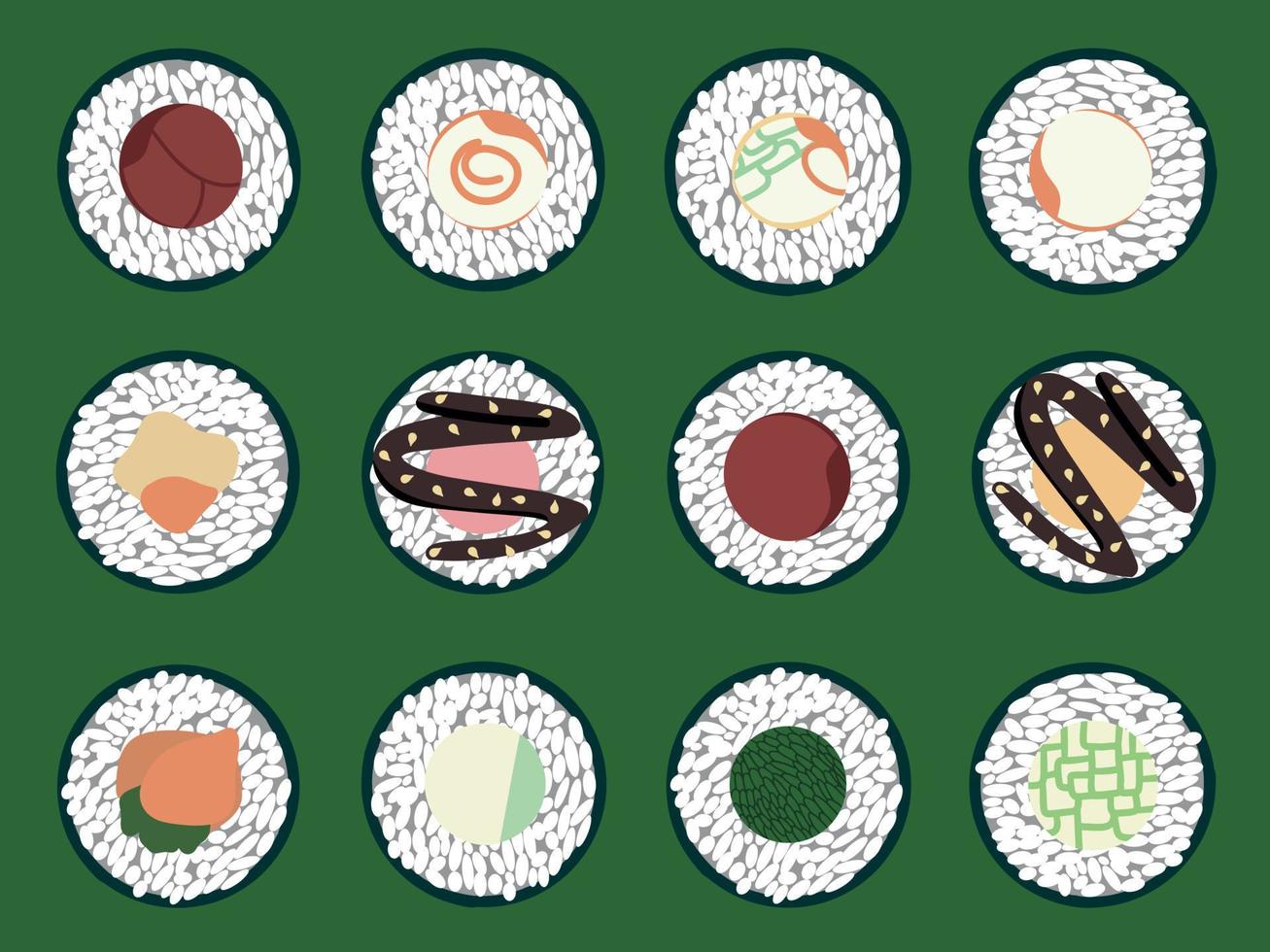 jeu d'icônes vectorielles de délicieux rouleaux de sushi colorés. collection de différentes saveurs et sortes. cuisine japonaise traditionnelle. groupe asiatique de fruits de mer. modèle pour restaurant de sushi, café, livraison ou votre entreprise vecteur