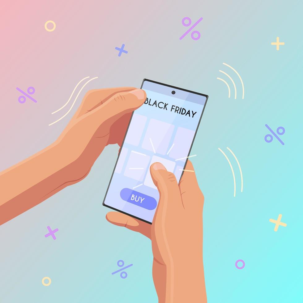 mains tenant un smartphone mobile avec application de shopping. concept d'achat en ligne. vecteur. vecteur