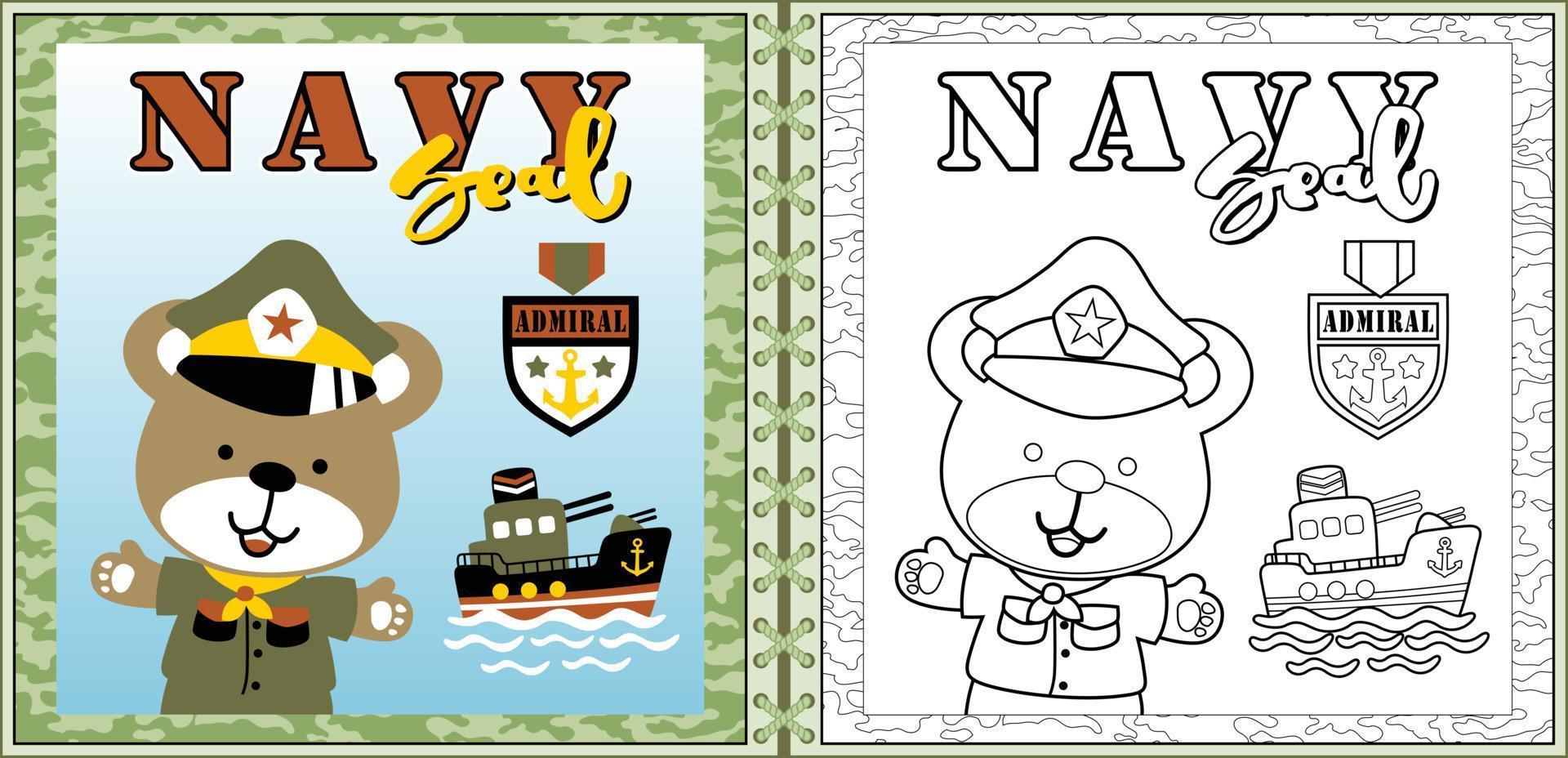 vecteur de dessin animé d'ours mignon en costume de soldat avec canonnière, éléments militaires, coloriage ou livre