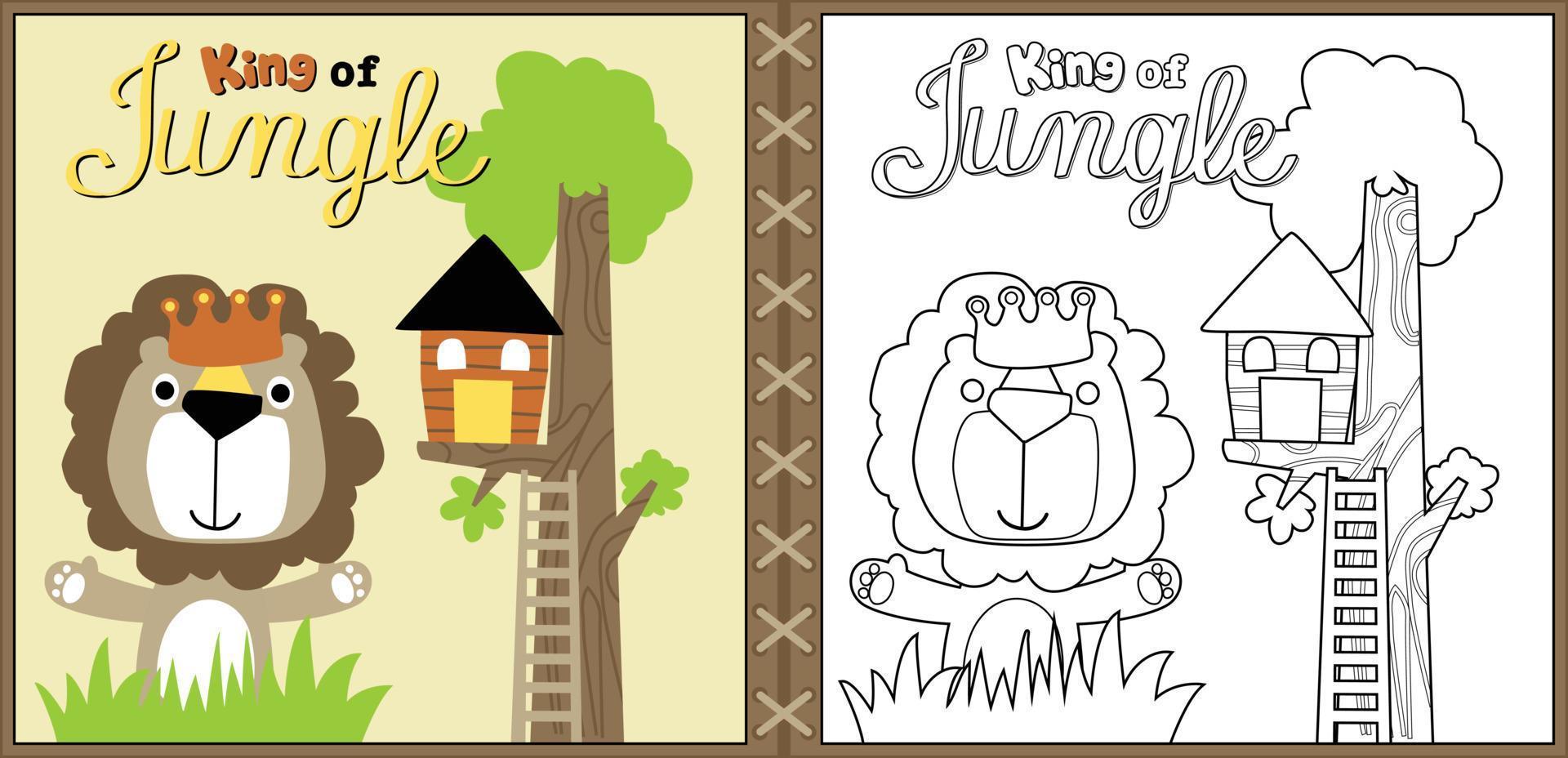 dessin vectoriel de lion mignon avec couronne, petite cabane dans les arbres, coloriage ou livre