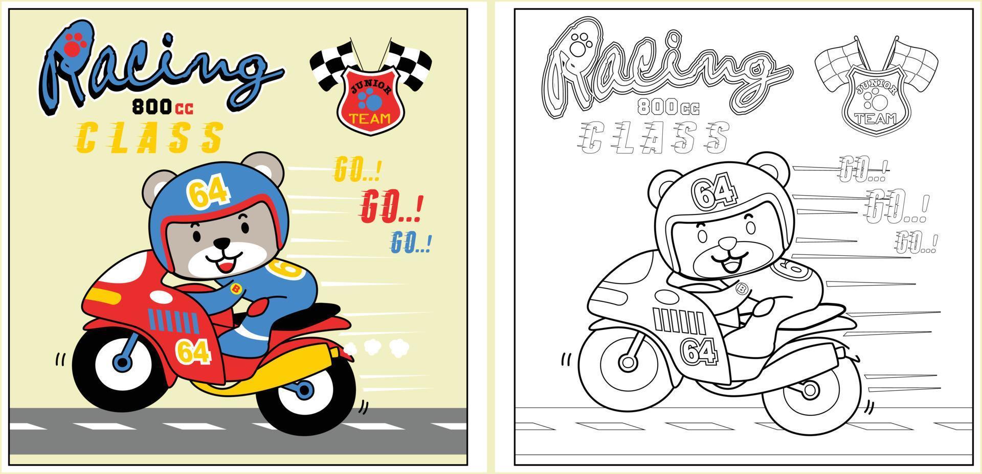 dessin vectoriel d'ours mignon en costume de coureur sur moto, coloriage ou livre