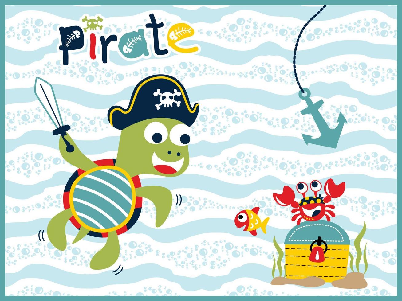 dessin vectoriel d'animaux marins en costume de pirate avec coffre au trésor, illustration d'élément sous-marin