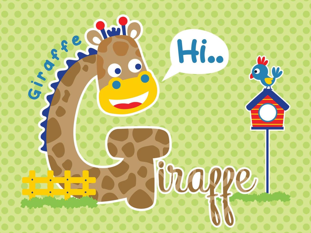 vecteur de dessin animé de girafe en forme de lettre g avec petit oiseau perché sur la cage
