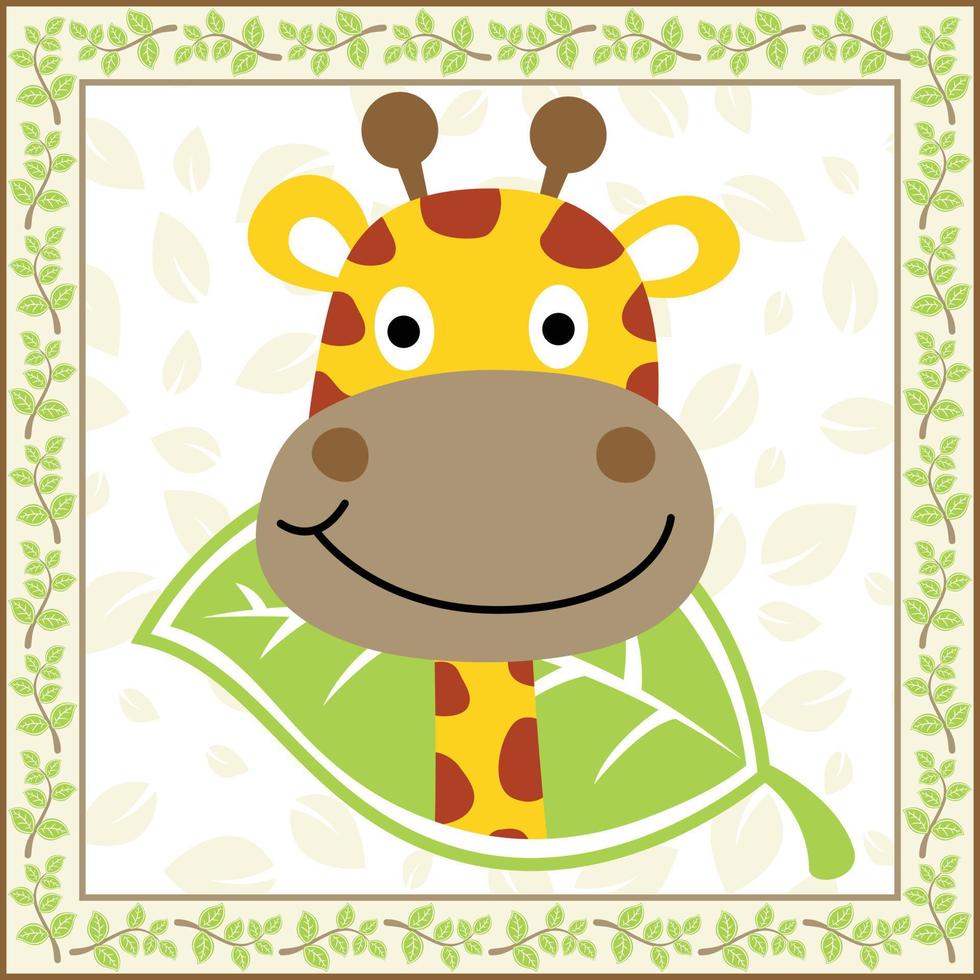 vecteur de dessin animé mignon girafe souriante sur fond de feuilles dans le cadre de branches d'arbres