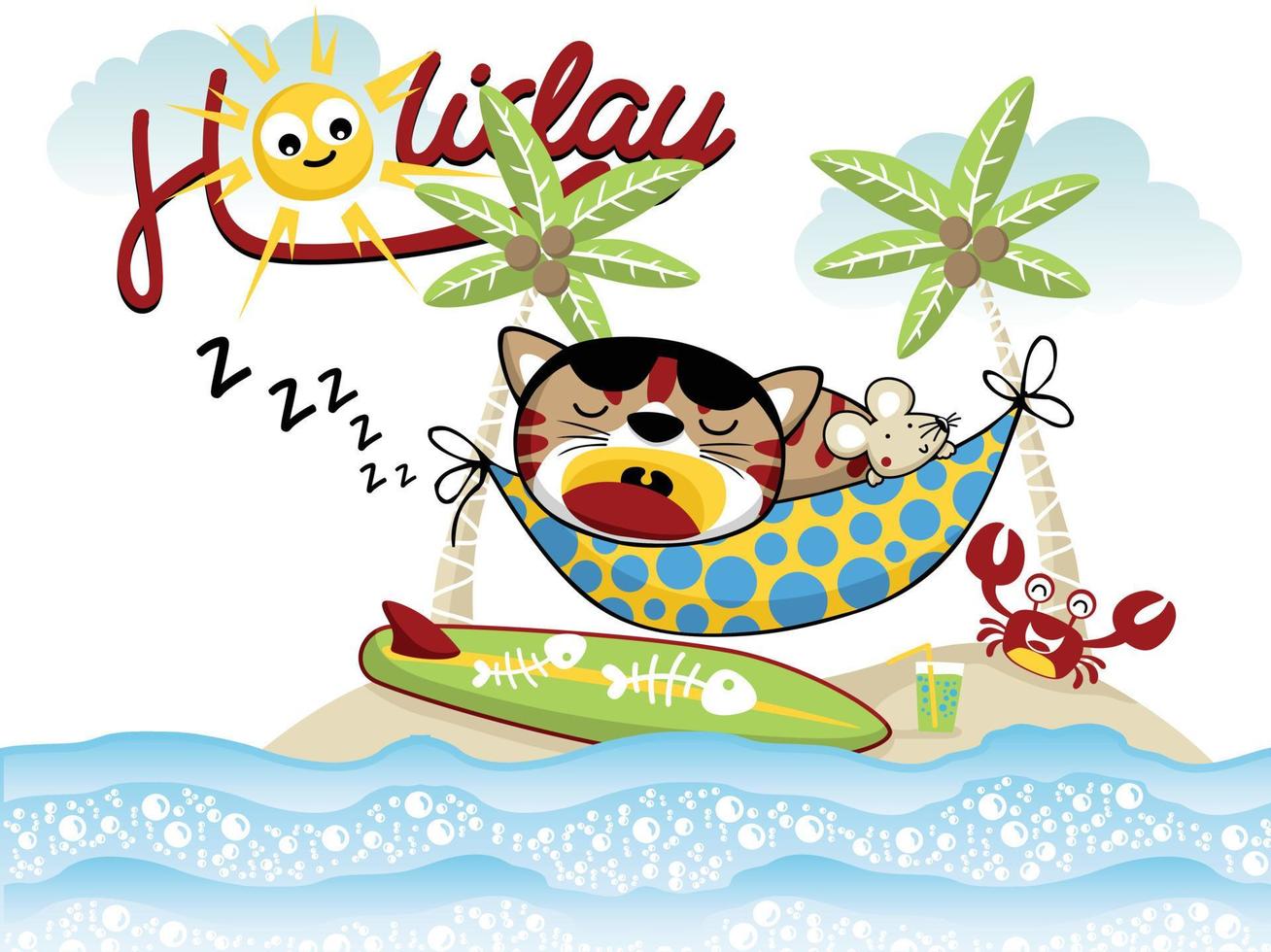 vecteur de dessin animé de chat et de souris sur hummock, éléments de vacances à la plage d'été