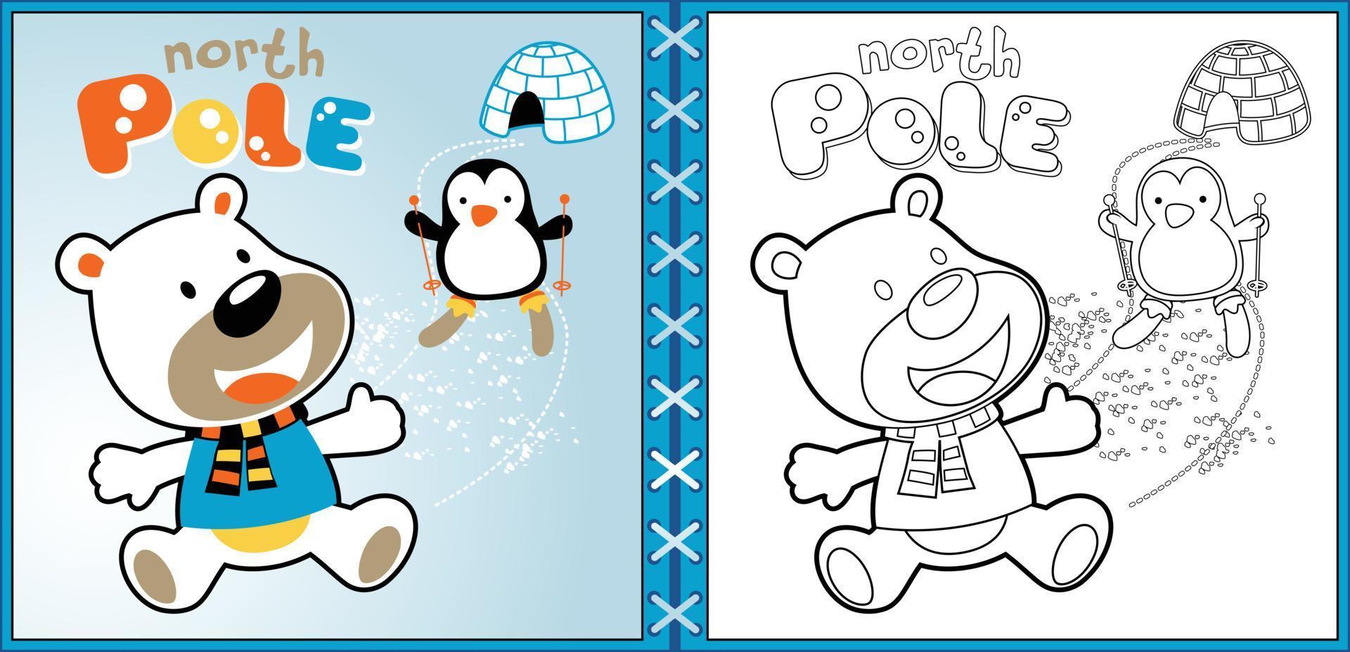 dessin vectoriel d'ours polaire avec pingouin de ski, coloriage ou livre