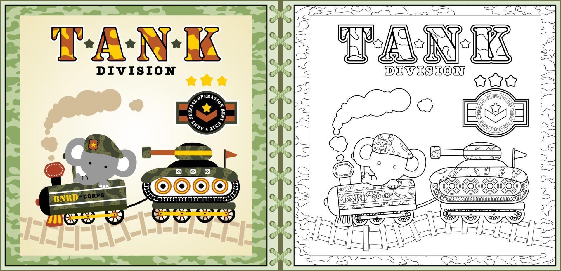 vecteur de dessin animé d'éléphant mignon sur le train à vapeur de camouflage avec véhicule blindé, coloriage ou livre