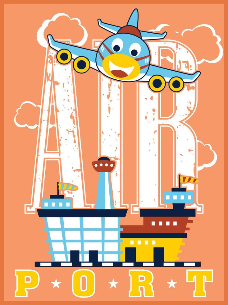 vecteur de dessin animé d'avion drôle prêt à atterrir dans un aéroport. éducation graphique pour les enfants