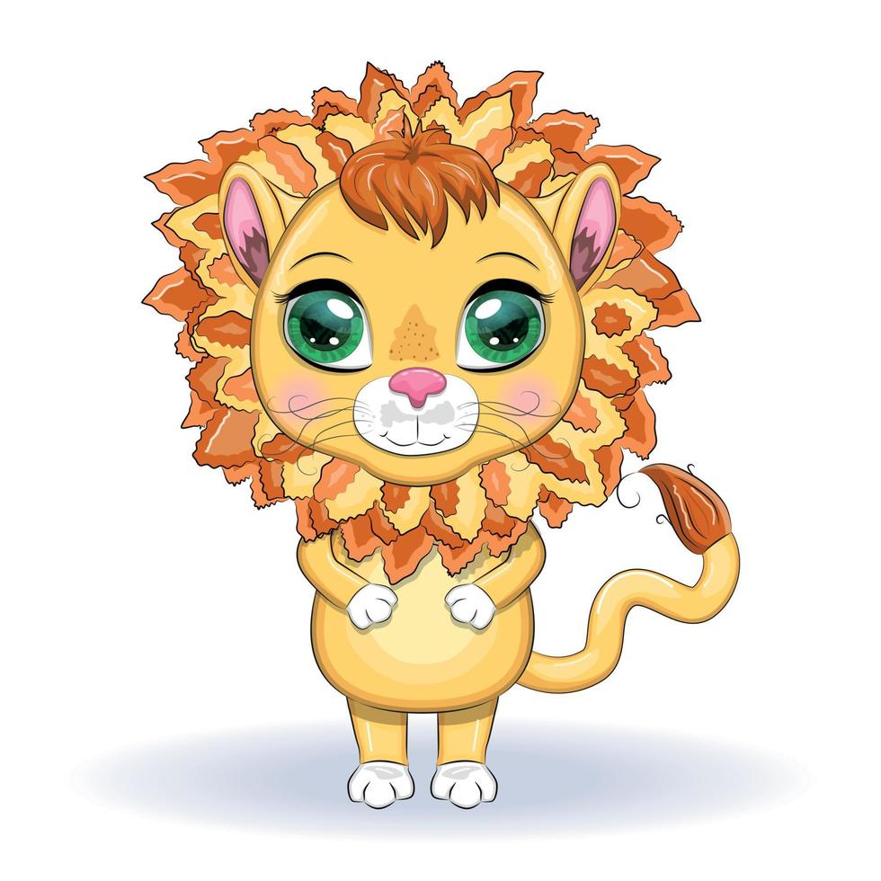 lion de dessin animé aux yeux expressifs. animaux sauvages, personnage, style mignon enfantin vecteur