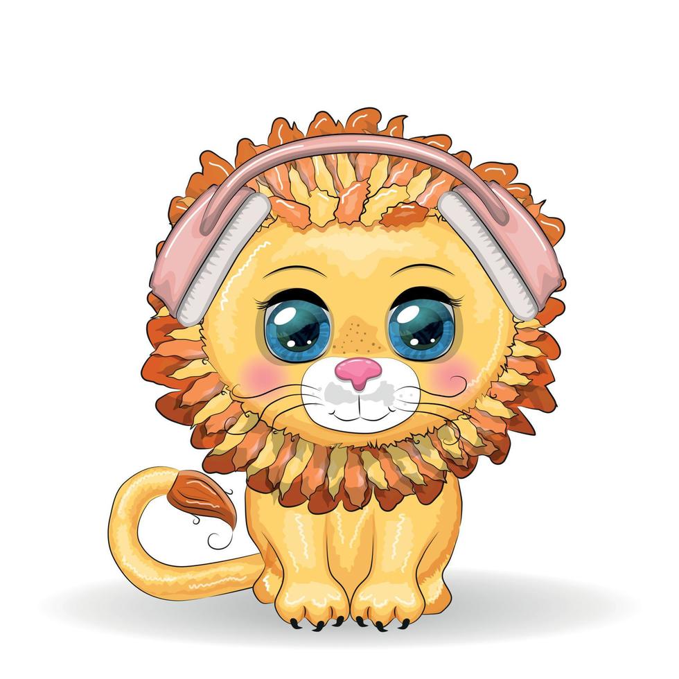 lion de dessin animé mignon avec des écouteurs et des coeurs sur fond bleu vecteur