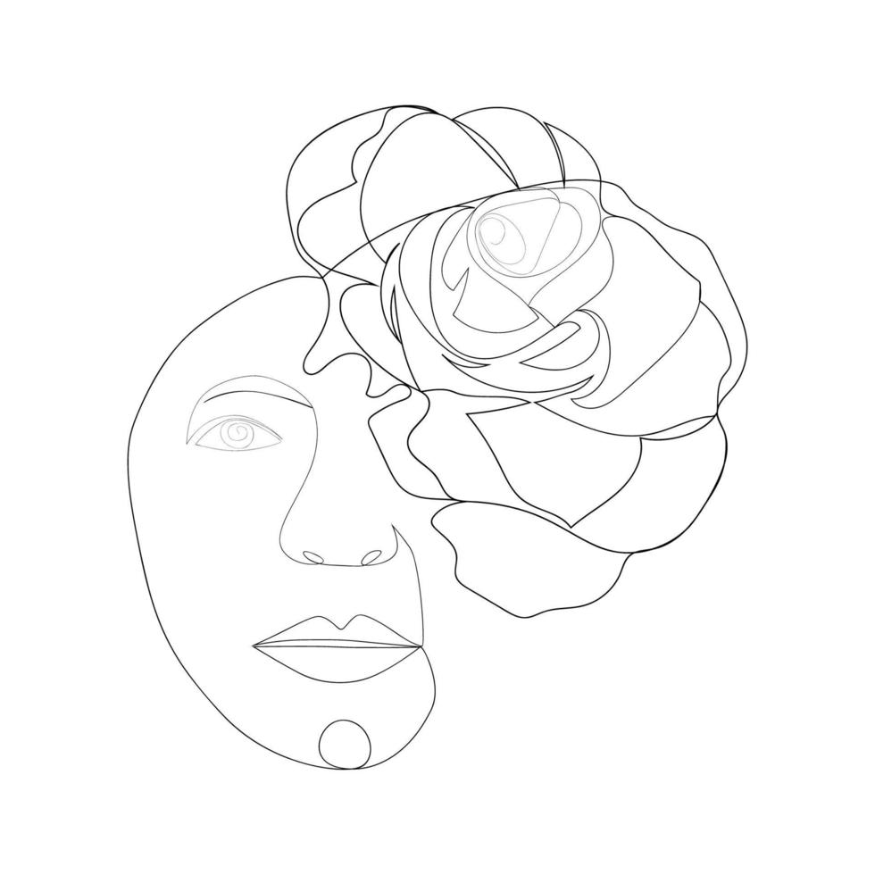 visage de femme avec des fleurs un dessin au trait. la moitié du visage est une fleur. art de dessin au trait continu. cosmétiques naturels. vecteur