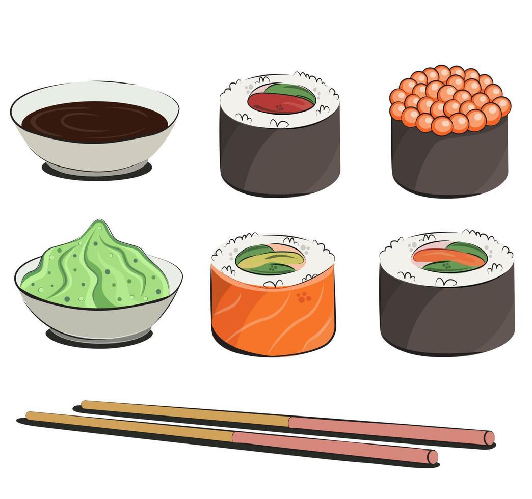 cuisine japonaise, ensemble de plats asiatiques. pour les menus de restaurant et les affiches. sites de livraison vector illustration plate isolée sur fond blanc. rouleaux de sushi ensemble de sauce soja onigiri. image de stock