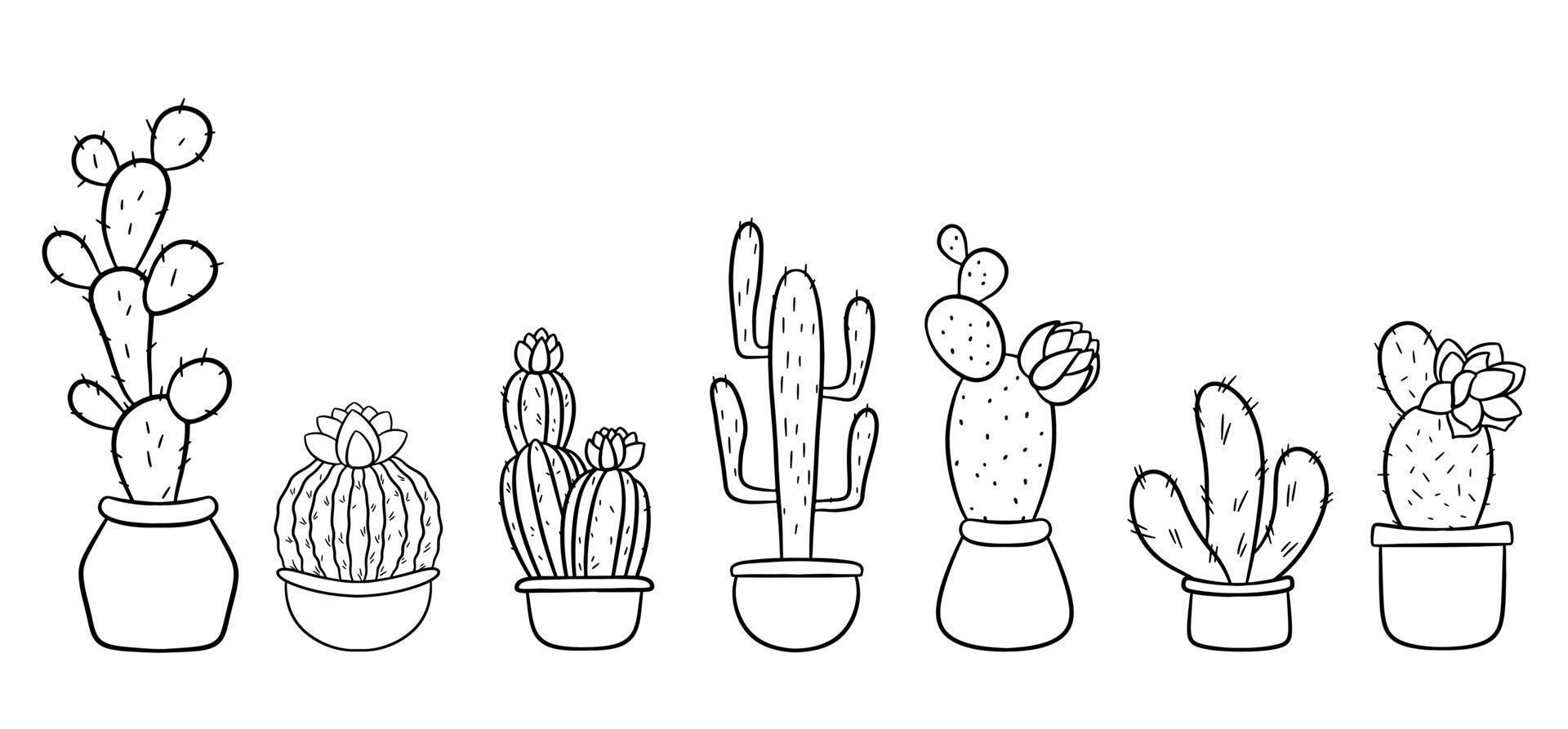 ensemble de cactus dessinés à la main dans des pots vecteur