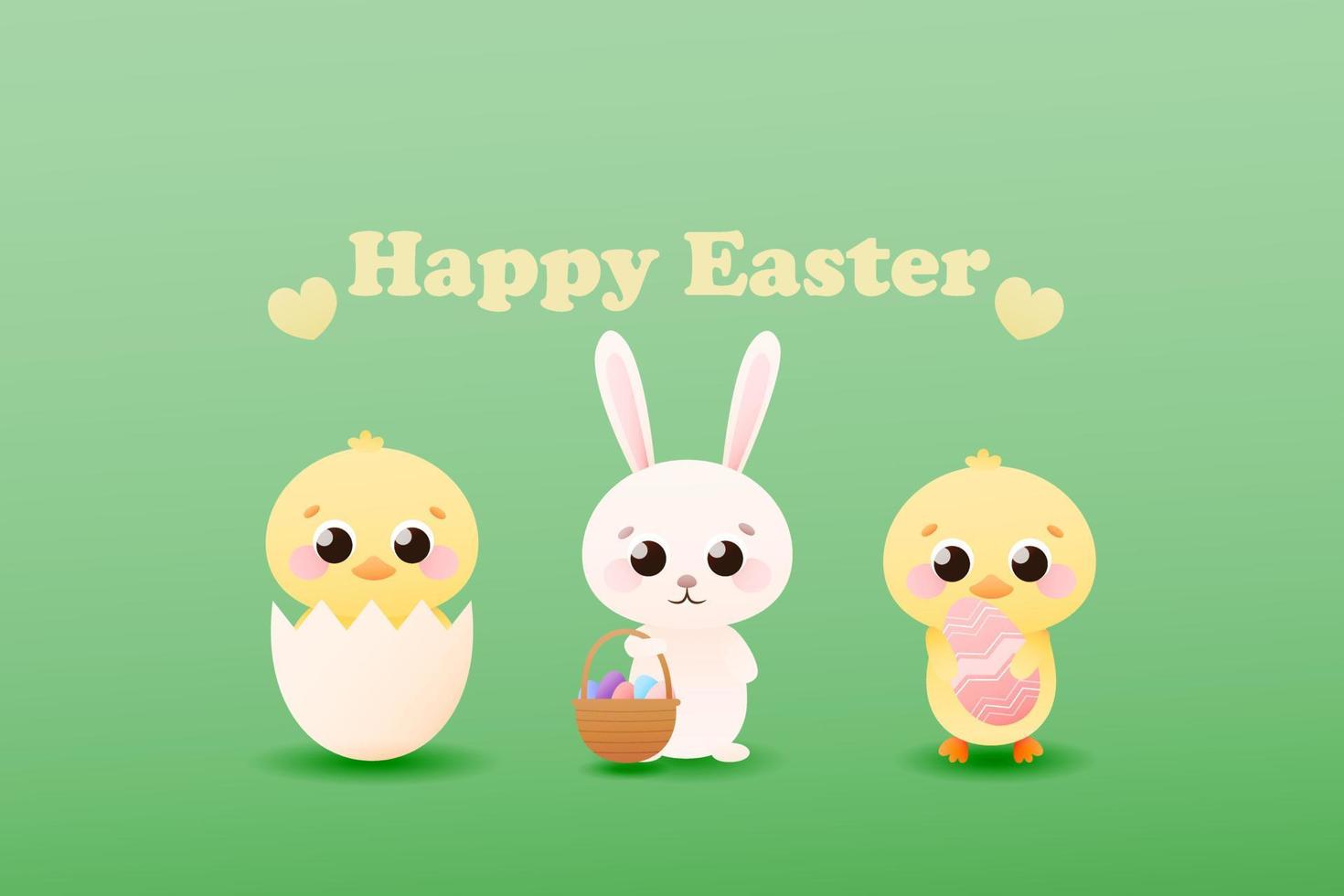 bannière web pour les vacances de pâques avec des personnages enfantins mignons, petit lapin avec panier avec oeufs de pâques, poussins en coquille en style cartoon sur fond vert vecteur