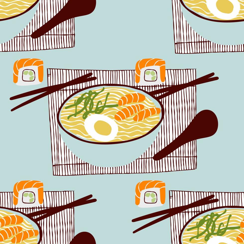 modèle sans couture avec nouilles de soupe de cuisine asiatique et rouleau de sushi avec illustration de baguettes sur fond bleu vecteur