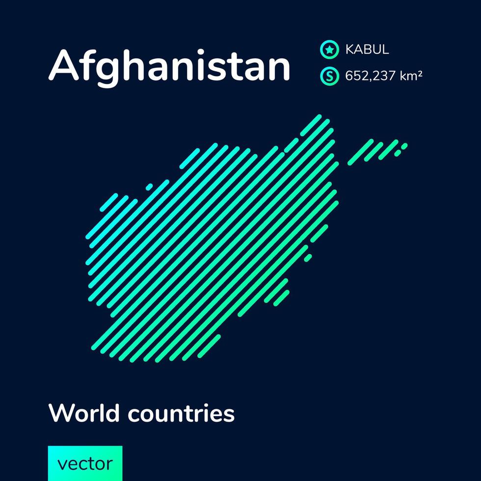 carte plate vectorielle néon de l'afghanistan avec texture rayée verte, menthe, turquoise sur fond bleu foncé. bannière éducative, affiche sur l'afghanistan vecteur