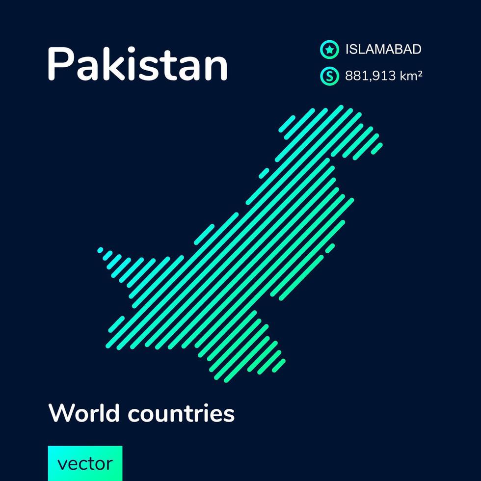 carte du pakistan. Vector creative digital neon flat line art abstrait carte simple avec vert, menthe, texture rayée turquoise sur fond bleu foncé. bannière éducative, affiche sur le pakistan