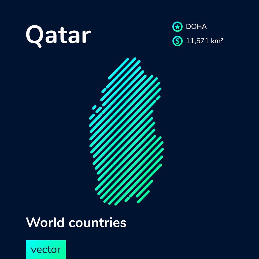 carte du qatar. Vector creative digital neon flat line art abstrait carte simple avec vert, menthe, texture rayée turquoise sur fond bleu foncé. bannière éducative, affiche sur le qatar